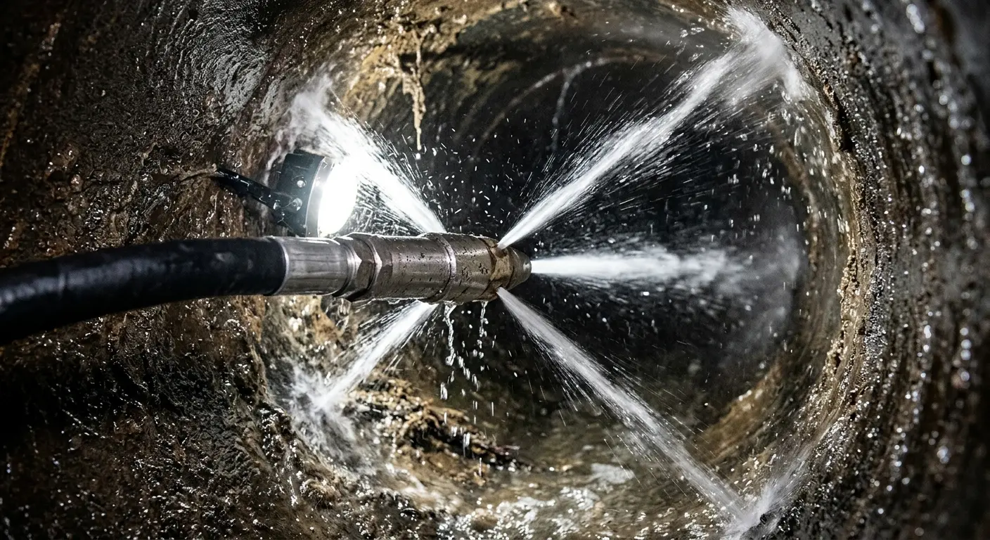 High-pressure hydro jetting nozzle cleaning sewer pipe for Sewer Cleanout in Rosemead