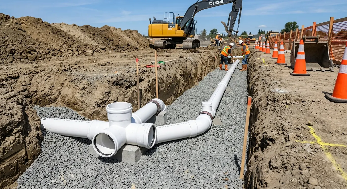 New PVC sewer pipe installation in open trench for Sewer Backup in Rosemead