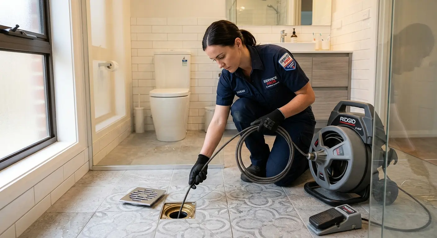 Technician clearing a bathroom floor drain for Drain Cleaning in Rosemead